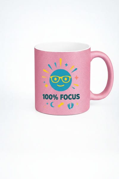 100% Focus Motivatie Mok 330ml – Roze Keramische Koffiemok met Smiley Bril Design – Inspirerend Cadeau voor Studenten, Kantoor & Studie