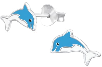 Joy|S - Zilveren dolfijn oorbellen - 10 x 6 mm - wit blauw - oorknoppen