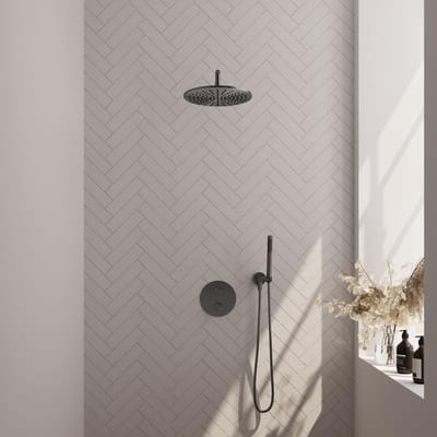 Brauer Gunmetal Edition thermostatische inbouw regendouche 3-weg rond SET 76 met 30 cm douchekop en gebogen muurarm en staaf handdouche en doucheslang en wandaansluitbocht gunmetal geborsteld PVD