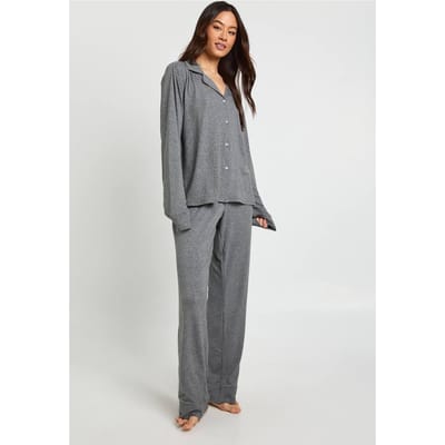 boohoo Dames Lange Zachte Pyjama Set Met Doorknoop Shirt En Broek | Grey Marl | Maat: 8