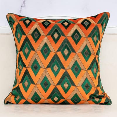 Kussenhoes Vierkant - Decoratief Kussen Fluweel - Bank Woonkamer Decoratie - Geometrisch Borduurwerk - 45 x 45 cm - Blauwgroen Oranje
