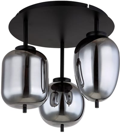 Plafondlamp glazen lamp 3 vlammen glazen kap rookkleurige plafondlamp rond zwart woonkamerlamp, metaal glas, zwart, 3x E14 stopcontacten, DxH 46x36 cm