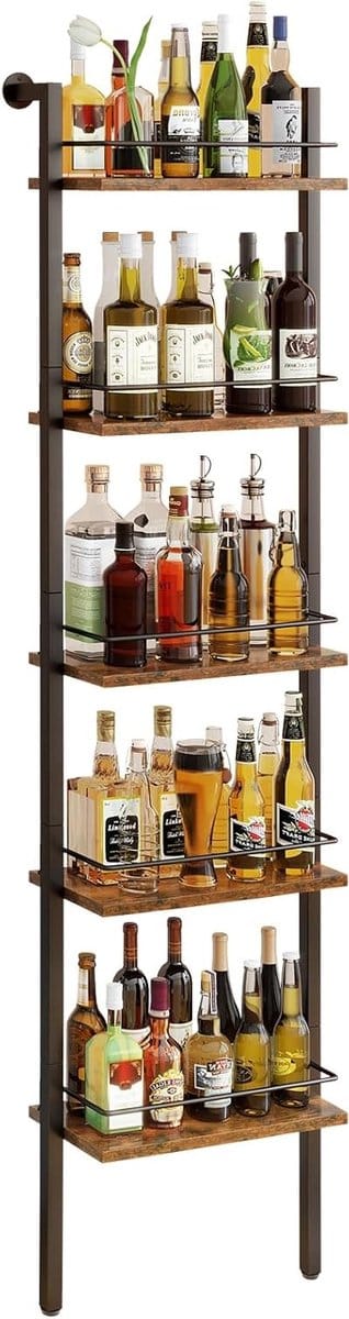 Vrijstaande wijnrekken met 5 niveaus, opbergplank voor flessen, wandmontage, vintage bruin, 43 x 20 x 177 cm, ideaal voor keuken en eetkamer