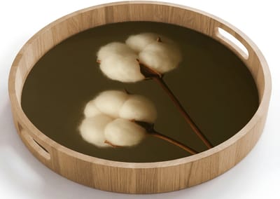 Dienblad rond 40x40 cm - Schootdienblad hout - Takken - Katoen - Wit - Bollen - Borrelplank rechthoek - Plateau houten dienbladen