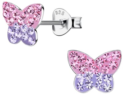 Joy|S - Zilveren vlinder oorbellen - roze paars kristal - 9 x 7 mm - rhodium / gehodineerd