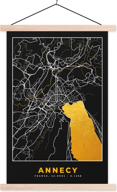 Posterhanger incl. Poster 40x60 cm - Schoolplaat - Kaart – Plattegrond – Annecy - Frankrijk – Stadskaart - Textielposter - Blanke latten - Stadskaart