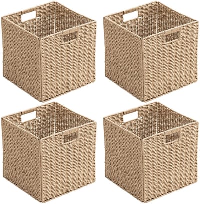 Rotan Opbergmand 4 stuks - Handgevlochten papieren kubus opbergbox - 25x25x25 cm - Opvouwbare opbergmand voor kleding, boeken en speelgoed - Past in kast en kubus opbergmeubel