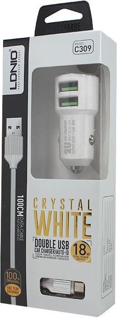 LDNIO C309 Dual USB Auto oplader 3.6A met 1 Meter Micro USB Kabel geschikt voor o.a CAT S31 S41