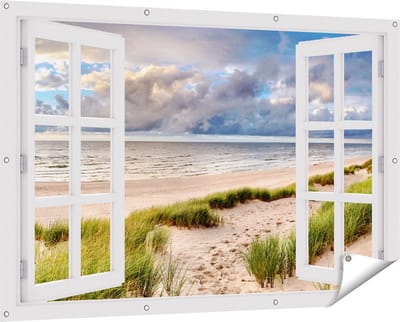 Gards Tuinposter Doorkijk Strand en Duinen met Bewolking - 150x100 cm - Tuindoek - Tuindecoratie - Wanddecoratie buiten - Tuinschilderij