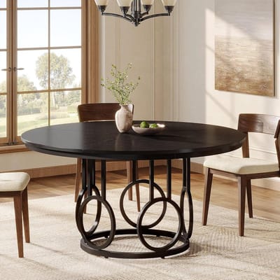 Ronde Eettafel - Houten Keukentafel - Gezellig Tafelen - Stevige Metalen Voet - 120 cm Diameter - Zwart