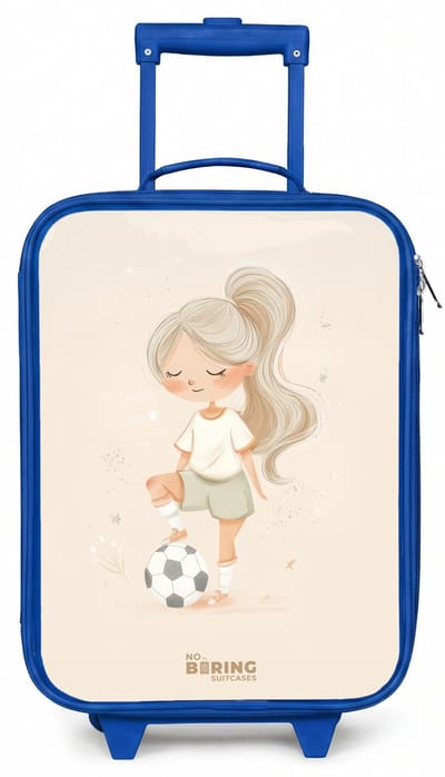 NoBoringSuitcases.com® - Kinderkoffer blauw - Kindertrolley jongen - Meisje met een voetbal in beige kleuren - Koffer kind lichtgewicht - Reiskoffer trolley voor kinderen - Koffertje met lichtgevende wieltjes - Rolkoffer