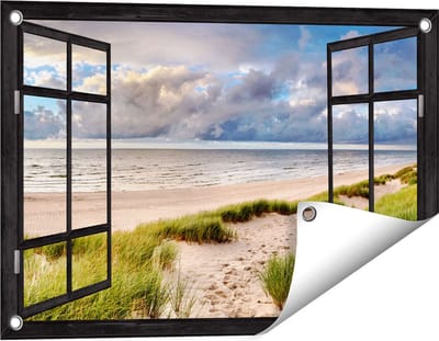 Gards Tuinposter Doorkijk Strand en Duinen met Bewolking - 60x40 cm - Tuindoek - Tuindecoratie - Wanddecoratie buiten - Tuinschilderij