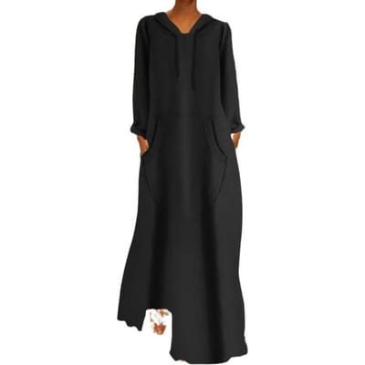 Robe Longue à Capuche pour Femme Automne Printemps Lâche Couleur Unie Cordon de Serrage Poches Longueur Totale Pull Douce Respirante Robe Haute Qualité Pratique Usage Quotidien M noir