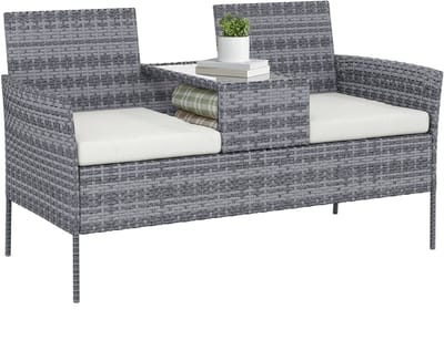 Outsunny Rattan tweezitsbank met ingebouwde salontafel - Geweven hars - 135x64x81cm - Grijs