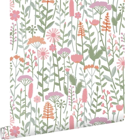 ESTAhome behang veldbloemen groen, wit en roze - 50 x 900 cm - 131550