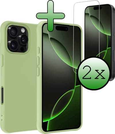 Hoesje Met 2x Screenprotector - Geschikt voor Apple iPhone 16 Pro - Sterk & Shockproof - Back Cover - Siliconen Case - Telefoon Hoes - Groen