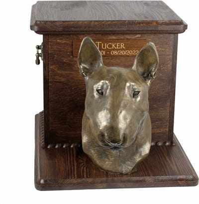 Houten urn voor Bull Terrier as, met hondenkop en stijlvolle afwerking