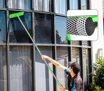 Famanu – Raamreiniger met lange steel (143 cm), professionele ruitenwisser met spons en schrobber voor spiegels, douche en auto