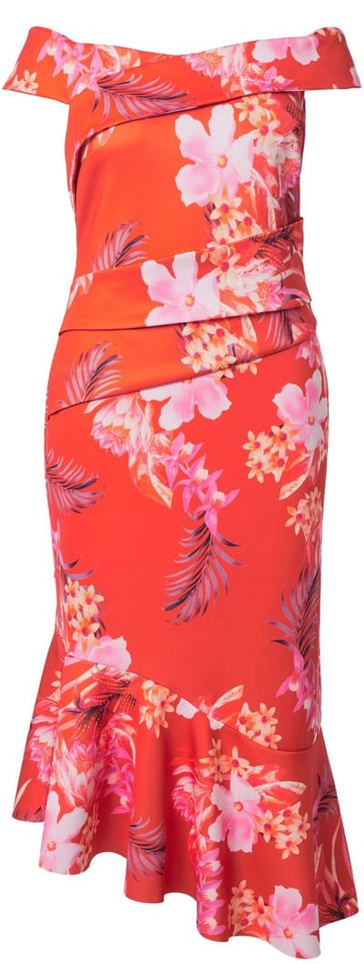 Ulla Popken - Dames - Scuba maxi-jurk patroon Carmen-halslijn gedrapeerd - Paprika - Maat 42