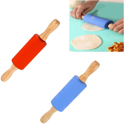 2-stuks Siliconen Deegrollers - Bakdeegrollers - Siliconen Bakrollers - Deeguitrolkers - Met draaibare houten handvatten - Siliconen - 23×4.5 cm - Geschikt voor bakken en dagelijks gebruik - Rood, Blauw