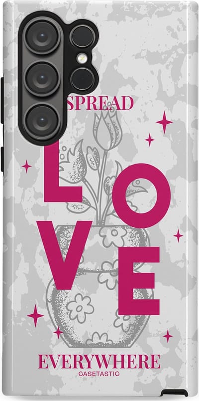 Casetastic hoesje geschikt voor Samsung Galaxy S23 Ultra - Dubbellaagse bescherming - Spread Love Everywhere - Grijs Roze - Valentijn - Valentine - Fashion Case - Lichtgrijs Wit Roze
