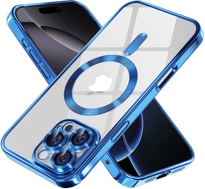 Hoesje Geschikt voor iPhone 16 Pro Magsafe hoes - Lens beschermer – backcover – Transparant/Blauw