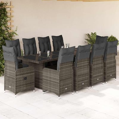 vidaXL - 11-delige - Bistroset - met - kussens - poly - rattan - grijs