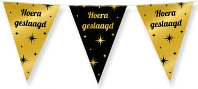 Paperdreams - Folie vlaggenlijn hoera geslaagd - zwart en goud - 10 meter