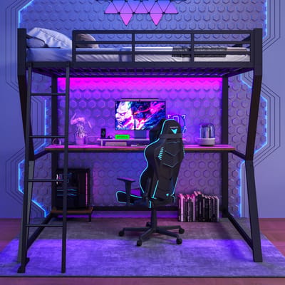 Hoogslaper 140x200cm - met LED-verlichting - computerconsolestandaard - bureau - USB-aansluiting - zonder matras - zwart