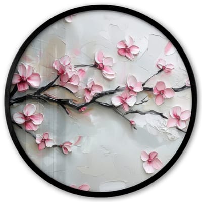 Poster in lijst Rond - Fotolijst 40x40 cm - Posters - Bloesem - Kunstzinnig - Roze - Sakura - Ronde posterlijst zwart - Decoratie - Wanddecoratie woonkamer - Muurdecoratie slaapkamer