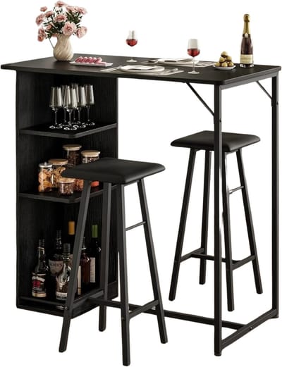 Stervia Bartafel Hoog Met 2 Gevoerde Barkrukken - Inclusief 3 Opbergplanken - Zwart - 91.5 x 50 x 90 cm