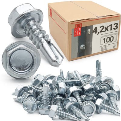 LUN FIX - Boorschroeven 4,2x13 mm - 100 stuks - Zeskantkop DIN 7504K - Verzinkt staal - Boorpunt voor trapeziumplaten en metalen platen