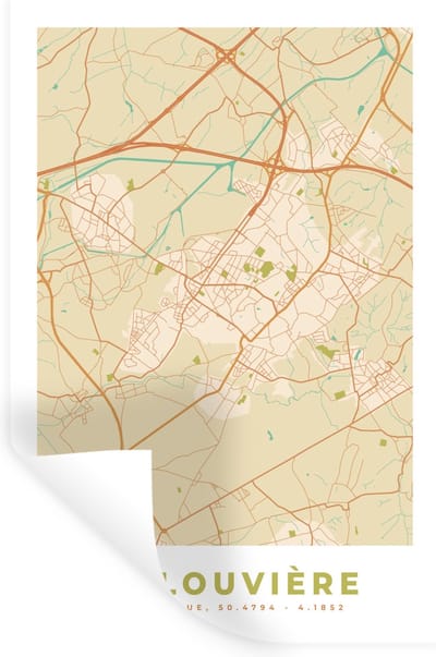 Muurstickers - Sticker Folie - Plattegrond - Vintage - La Louvière - Kaart - Stadskaart - 20x30 cm - Plakfolie - Muurstickers Kinderkamer - Zelfklevend Behang - Zelfklevend behangpapier - Stickerfolie