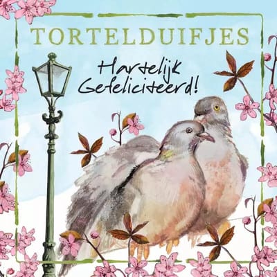 Wenskaart Rien Poortvliet, tortelduifjes
