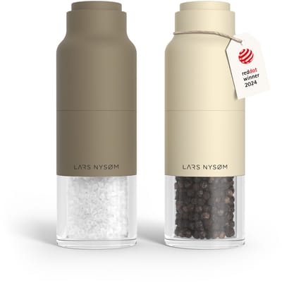 LARS NYSØM Omvendt Zout- en Pepermolenset handmatig - Roestvrij Staal - Verstelbare maalgraad (Taupe Brown/Almond Beige)