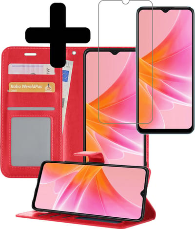 Hoesje - Met Screenprotector - Geschikt voor OPPO A17 - Luxe Pasjeshouder - Bookcase Portemonee - Flip Case - Kunstleer Book Case - Flipcase - Book Cover - Walletcase - Portemonneehoes - Telefoonhoesjes - Rood