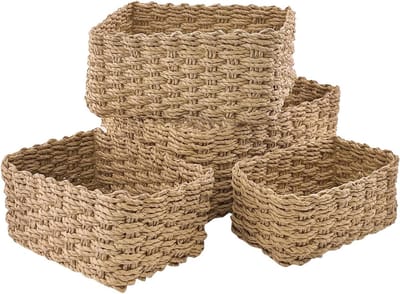 Set van 4 stapelbare rieten manden, gele kinderkorf voor de badkamer, opbergmand voor de luiertafel, gevlochten opbergmand voor decoratie van kinderkamer, badkamer, slaapkamer