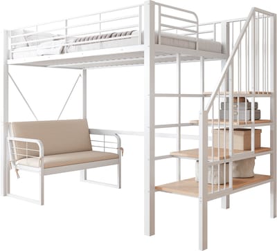 Wishdor Hoogslaper 90 x 200 cm – Afneembare Gestoffeerde Bank met Wasbare Hoes – Opbergtrap – 140 cm Vrije Ruimte Onder het Bed – Fris Wit Design – Geschikt voor Studenten- en Tienerkamer – Metaal en Hout – Wit