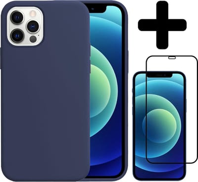 Hoesje - Met Screenprotector - Geschikt voor Apple iPhone 12 Pro - Sterk & Shockproof - Telefoon Hoes - Back Cover - Siliconen Case - Telefoonhoes - Donkerblauw