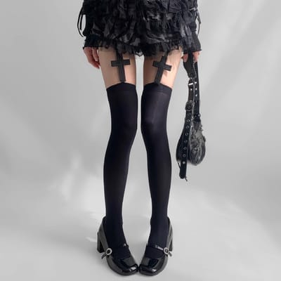 Dames Sexy Jarretel Brede Band Fluwelen Panty's Lolita Kruis Dunne Dijhoge Kousen Met Jarretels Y2K Jk Over de Knie Sokken One Size black