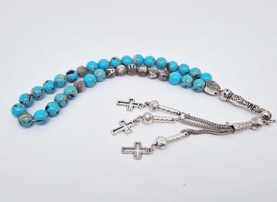 Handgemaakte naam tasbih 33 Kralen Natuursteen “Turkoois Bakeliet” - met metaal tassel- Met je naam of de naam van uw geliefde- 8 mm diameter van de korrel
