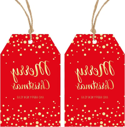 Kerstcadeau labels: 50 rode etiketten 8.5 x 5.5 cm met gouden letters voor cadeauverpakking, knutselen en kerstdecoraties