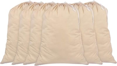 SnelShoppen - Set van 6 Extra Grote Katoenen Waszakken - 100% Katoen, 71 CM x 91 CM, Naturkleur, Duurzaam met Trekkoord en Cord Lock, Machinewasbaar v