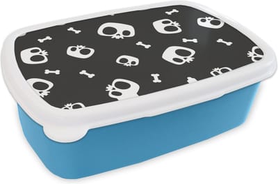 Broodtrommel Blauw - Lunchbox - Brooddoos - Patronen - Skull - Skelet - Bot - Jongen - Jongetje - Kinderen - Kids - 18x12x6 cm - Kinderen - Jongen