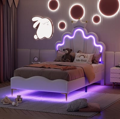 MEUNIQ eenpersoonsbed 90x200 cm met kroonvormig hoofdbord, LED-verlichting en lattenbodem, wit kunstleer bedframe voor slaapkamer of kinderkamer