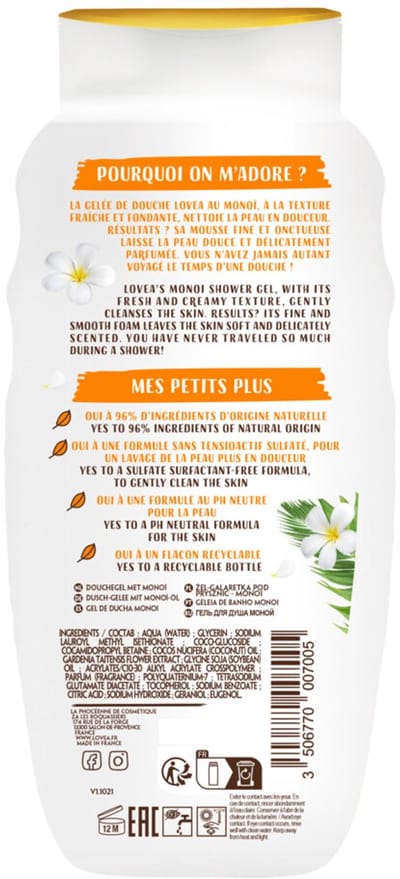 Lovea - Sulfaatvrije Douchegel Monoï - 3 x 400 ml - Voordeelverpakking