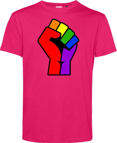 T-shirt Regenboog Vuist | Gay pride shirt kleding | Regenboog kleuren | LGBTQ | Roze | maat XS