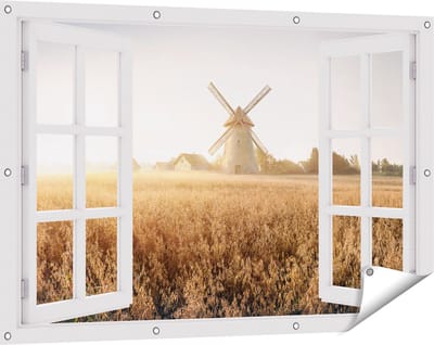 Gards Tuinposter Doorkijk Windmolen in het Veld - 120x80 cm - Tuindoek - Tuindecoratie - Wanddecoratie buiten - Tuinschilderij