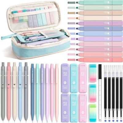 39 Stuks Schoolbenodigdheden Set met Etui, 12 Pastelkleurige Markers, 5 Gelpennen en 6 Mechanische Potloden voor Tieners en Meisjes, Aesthetische Schrijfaccessoires