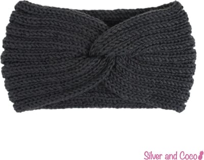 SilverAndCoco® - Winter Haarband Dikke Warme Fluffy Elastische Hoofdband Gedraaid Wol / Geribbelde Wollen Brede Haarbanden Dames / Zachte Grijze Warm Bonten Elastische Meisjes Knoop Breed - Donker Grijs